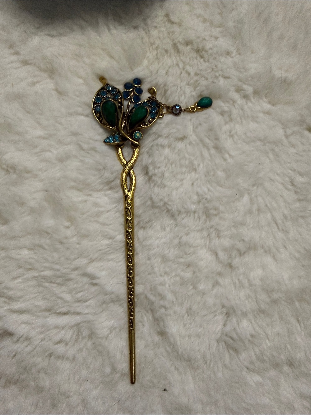 Gold Tone Green & Blue Floral Hair Stick - Women Jewelry
